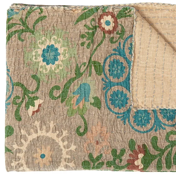 50" X 70" Red And Taupe Floral Cotton Quilted Kantha Throw Blanket with Embroidery