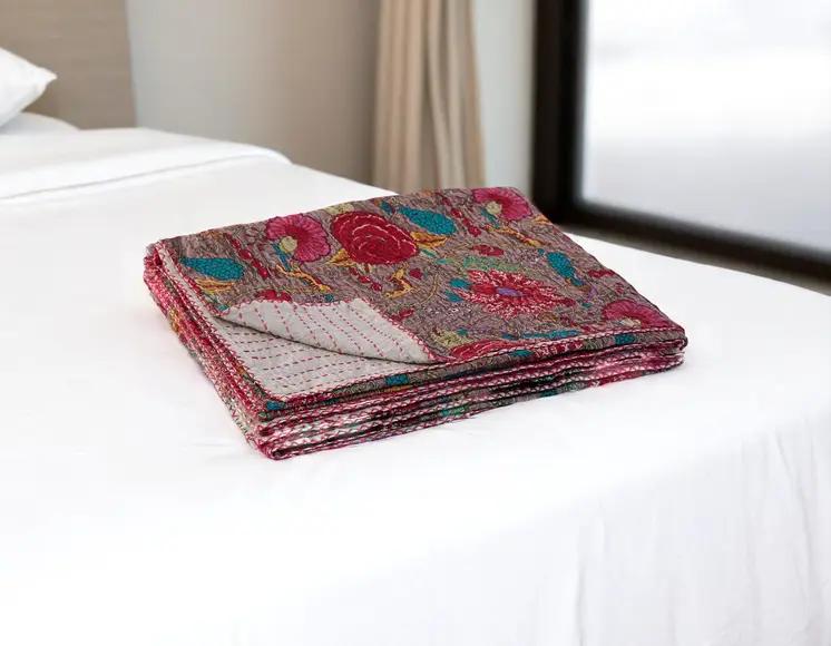 50" X 70" Brown And Red Floral Cotton Quilted Kantha Throw Blanket with Embroidery