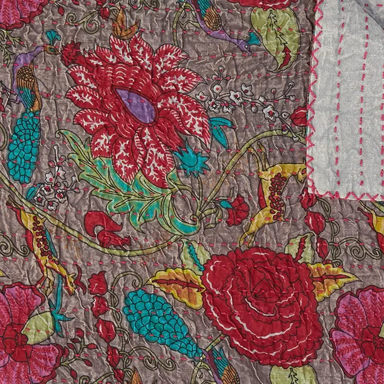 50" X 70" Brown And Red Floral Cotton Quilted Kantha Throw Blanket with Embroidery