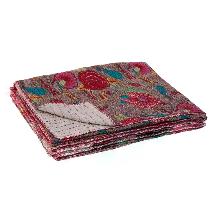 50" X 70" Brown And Red Floral Cotton Quilted Kantha Throw Blanket with Embroidery