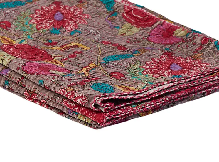 50" X 70" Brown And Red Floral Cotton Quilted Kantha Throw Blanket with Embroidery