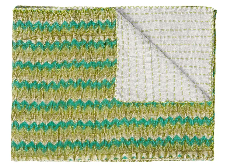 50" X 70" Gold And Green Chevron Cotton Quilted Kantha Throw Blanket with Embroidery