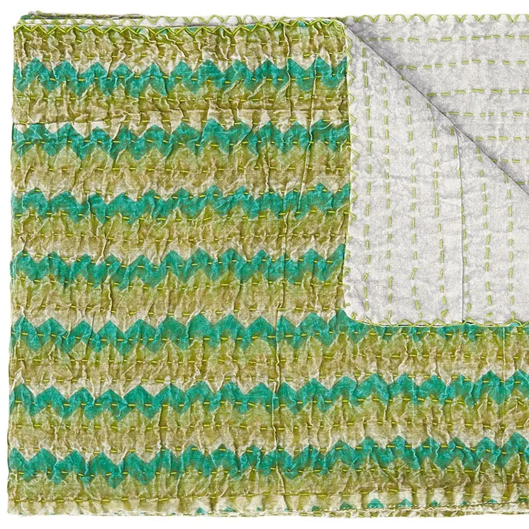 50" X 70" Gold And Green Chevron Cotton Quilted Kantha Throw Blanket with Embroidery