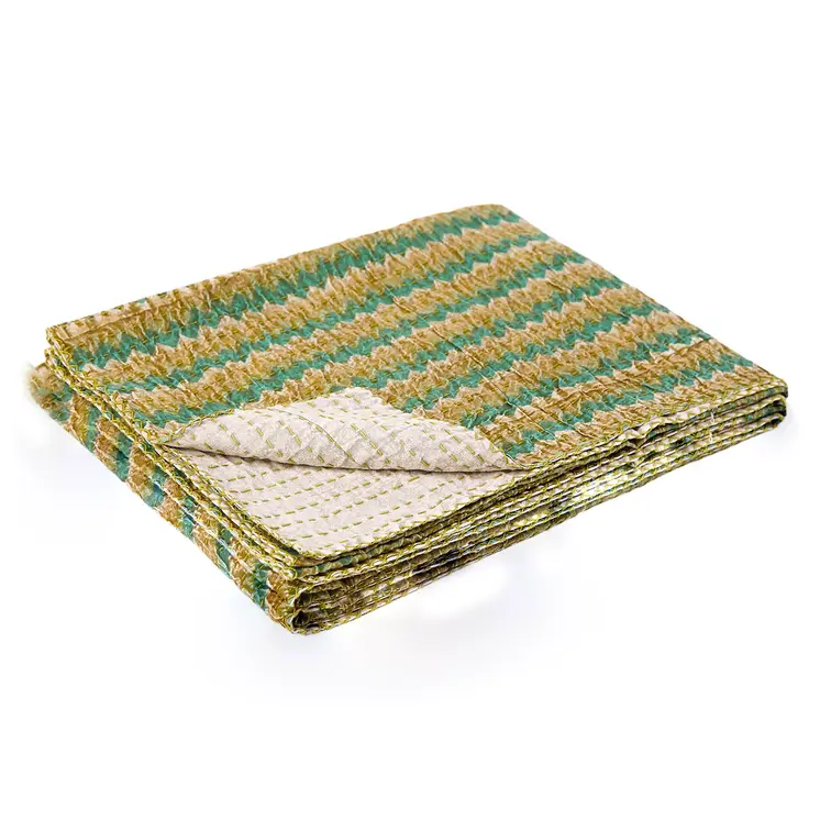 50" X 70" Gold And Green Chevron Cotton Quilted Kantha Throw Blanket with Embroidery