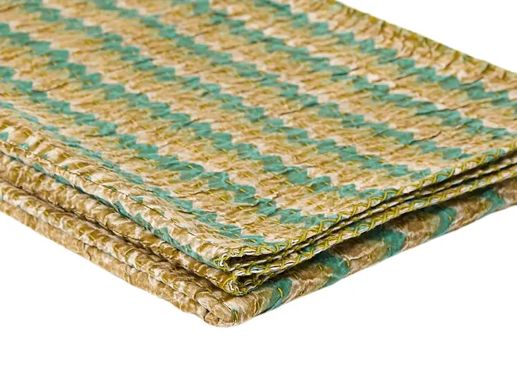 50" X 70" Gold And Green Chevron Cotton Quilted Kantha Throw Blanket with Embroidery