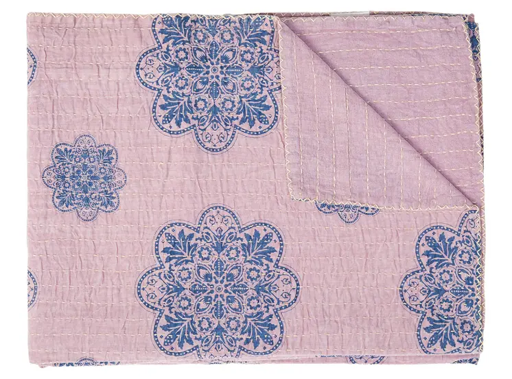50" X 70" Blue And Pink Floral Cotton Quilted Kantha Throw Blanket with Embroidery