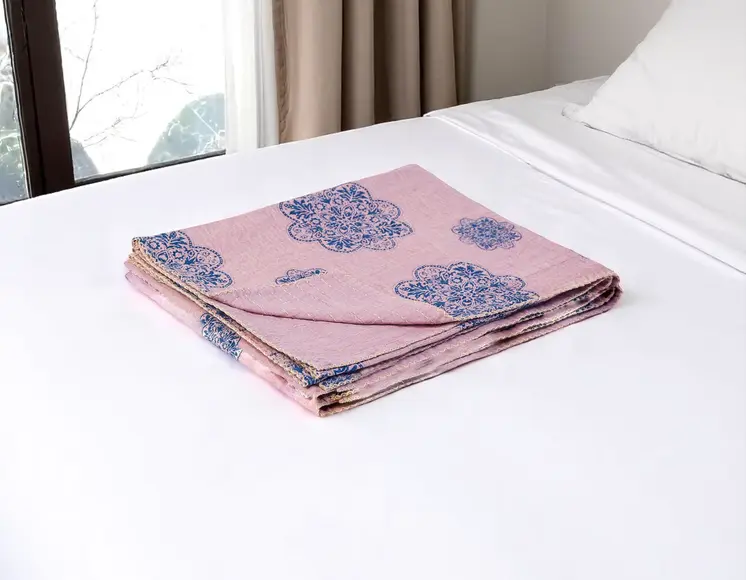 50" X 70" Blue And Pink Floral Cotton Quilted Kantha Throw Blanket with Embroidery