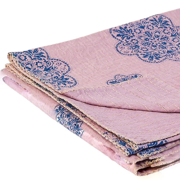 50" X 70" Blue And Pink Floral Cotton Quilted Kantha Throw Blanket with Embroidery