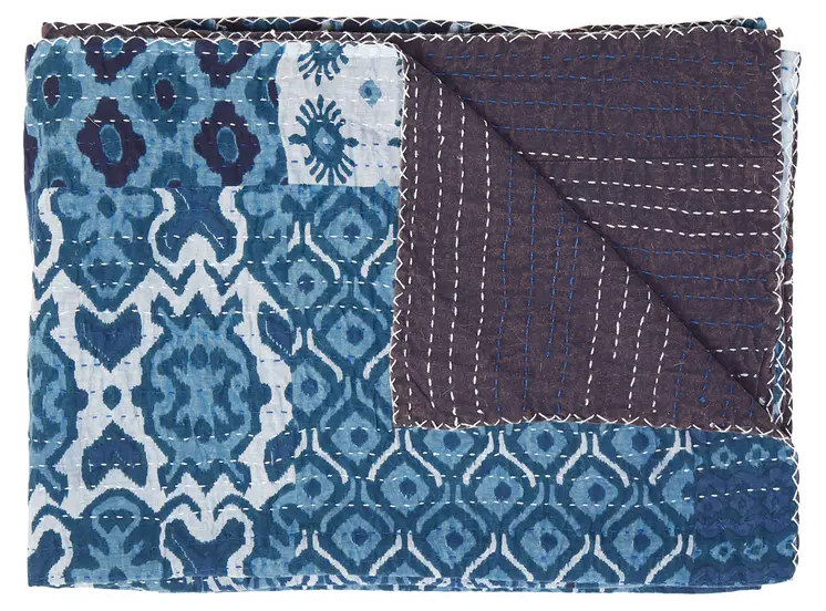 50" X 70" Black And Blue Ikat Cotton Quilted Kantha Throw Blanket with Embroidery