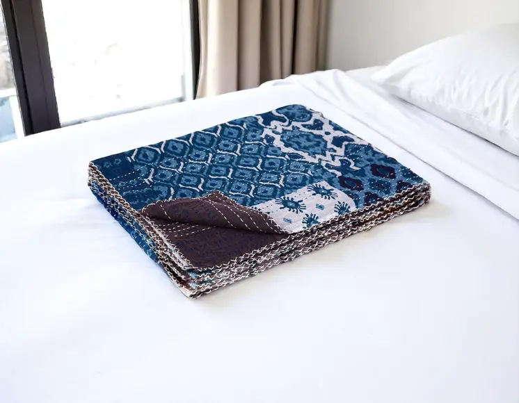 50" X 70" Black And Blue Ikat Cotton Quilted Kantha Throw Blanket with Embroidery