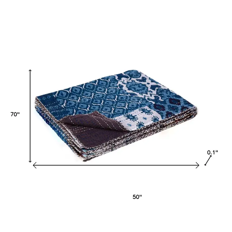 50" X 70" Black And Blue Ikat Cotton Quilted Kantha Throw Blanket with Embroidery