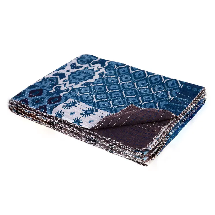 50" X 70" Black And Blue Ikat Cotton Quilted Kantha Throw Blanket with Embroidery
