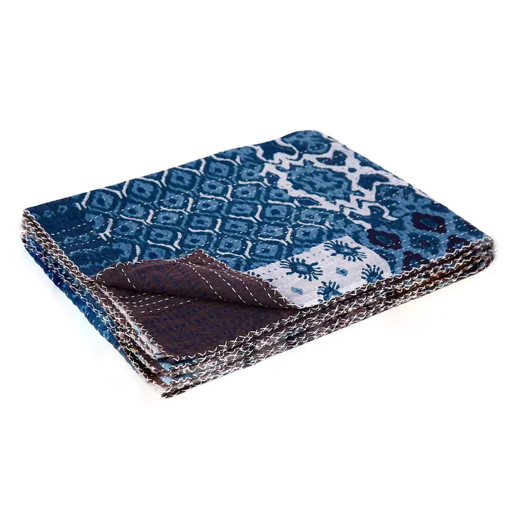50" X 70" Black And Blue Ikat Cotton Quilted Kantha Throw Blanket with Embroidery