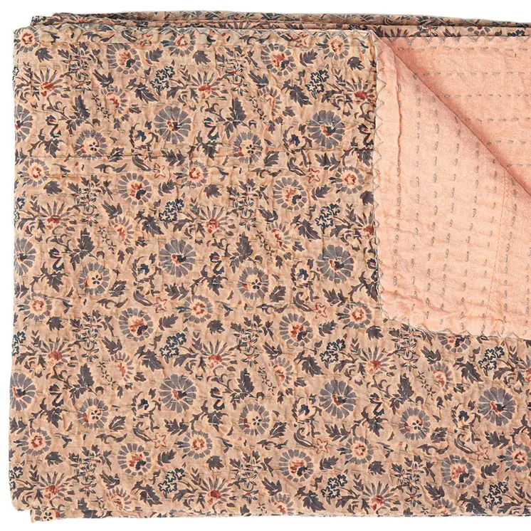50" X 70" Peach And Gray Floral Cotton Quilted Kantha Throw Blanket with Embroidery
