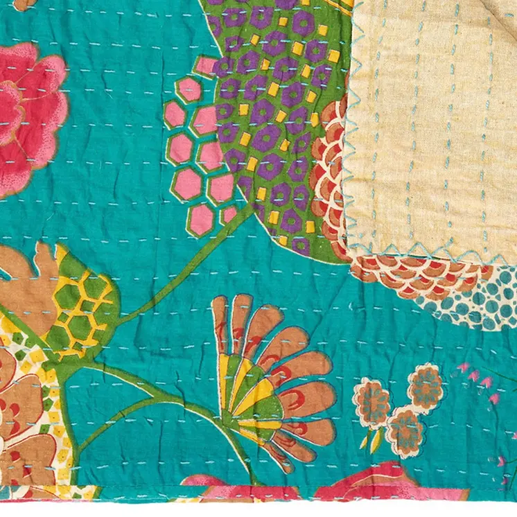 50" X 70" Teal And Pink Floral Cotton Quilted Kantha Throw Blanket with Embroidery