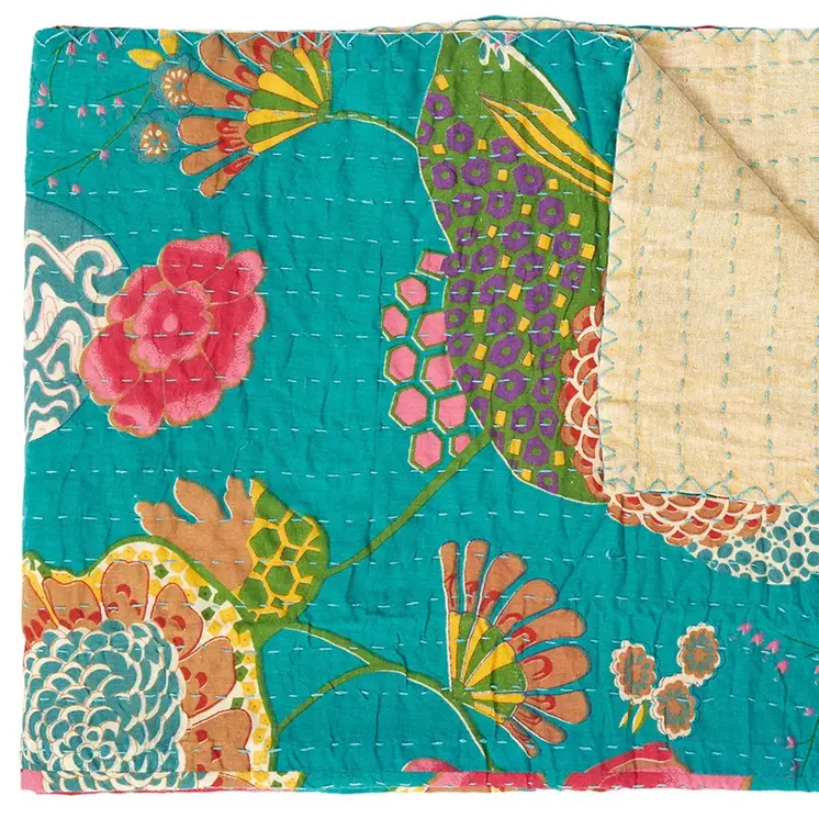 50" X 70" Teal And Pink Floral Cotton Quilted Kantha Throw Blanket with Embroidery