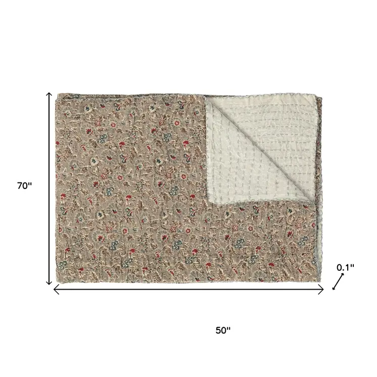 50" X 70" Taupe Gray And Red Floral Cotton Quilted Kantha Throw Blanket with Embroidery