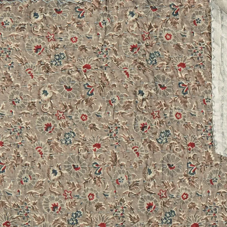 50" X 70" Taupe Gray And Red Floral Cotton Quilted Kantha Throw Blanket with Embroidery