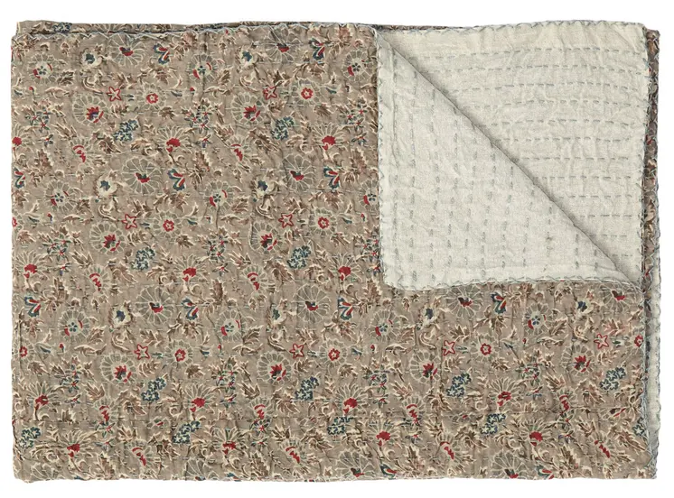 50" X 70" Taupe Gray And Red Floral Cotton Quilted Kantha Throw Blanket with Embroidery