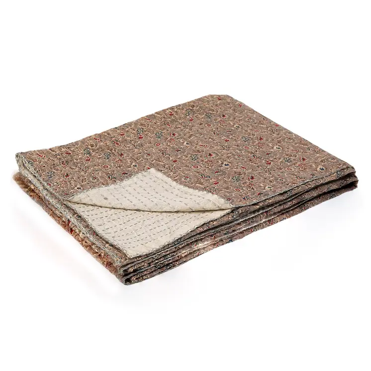 50" X 70" Taupe Gray And Red Floral Cotton Quilted Kantha Throw Blanket with Embroidery