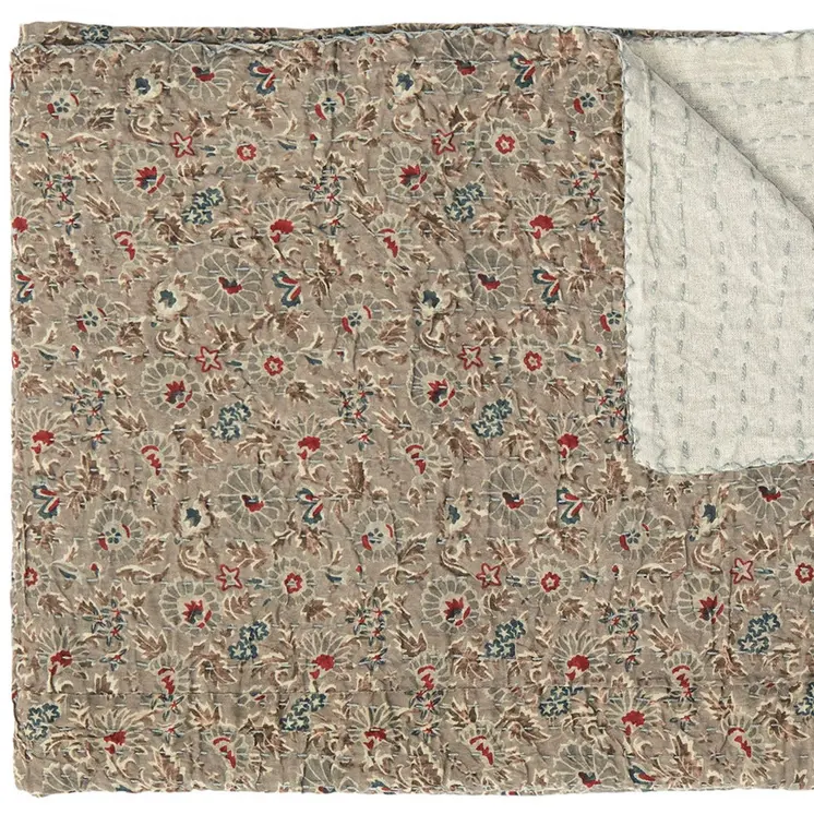 50" X 70" Taupe Gray And Red Floral Cotton Quilted Kantha Throw Blanket with Embroidery