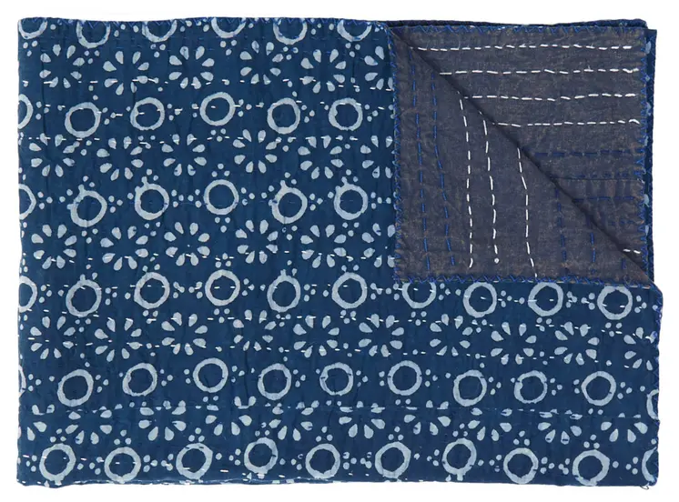 50" X 70" Blue And Off White Geometric Cotton Quilted Kantha Throw Blanket with Embroidery