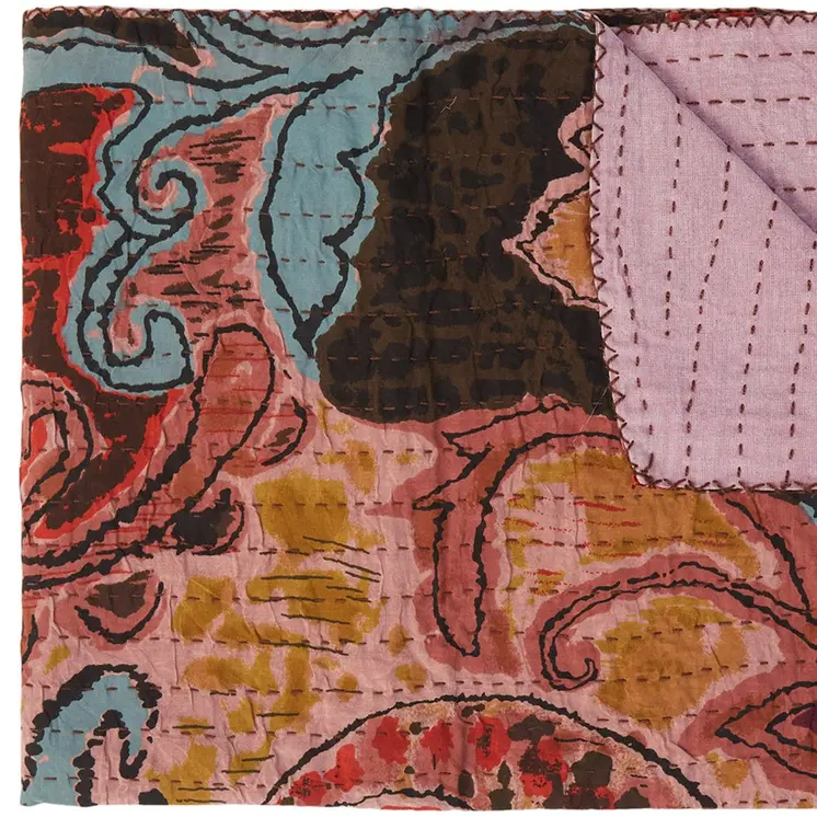 50" X 70" Brown And Pink Floral Cotton Quilted Kantha Throw Blanket with Embroidery