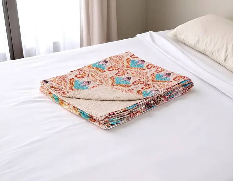 50" X 70" Beige And Pink Ikat Cotton Quilted Kantha Throw Blanket with Embroidery