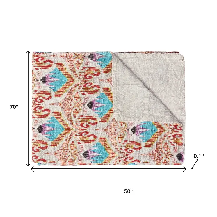 50" X 70" Beige And Pink Ikat Cotton Quilted Kantha Throw Blanket with Embroidery