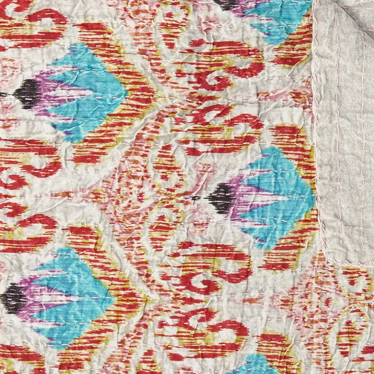50" X 70" Beige And Pink Ikat Cotton Quilted Kantha Throw Blanket with Embroidery