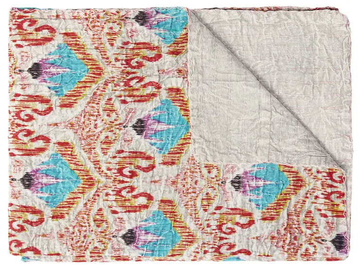 50" X 70" Beige And Pink Ikat Cotton Quilted Kantha Throw Blanket with Embroidery