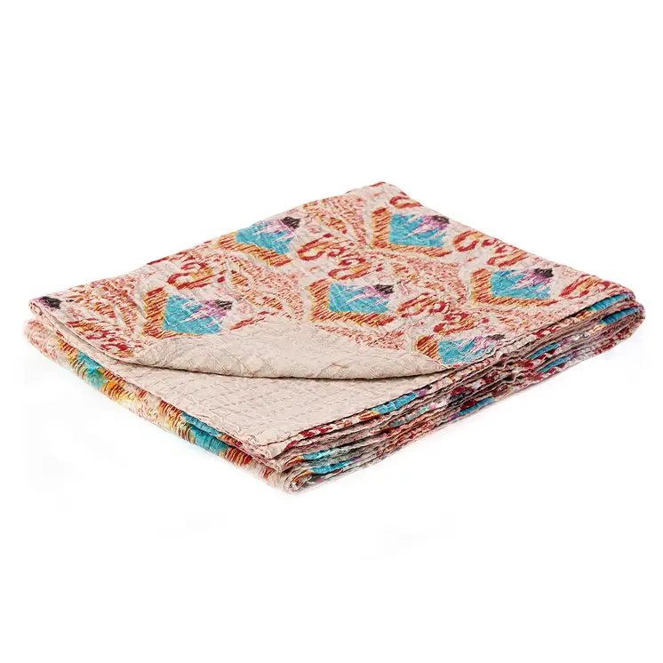 50" X 70" Beige And Pink Ikat Cotton Quilted Kantha Throw Blanket with Embroidery