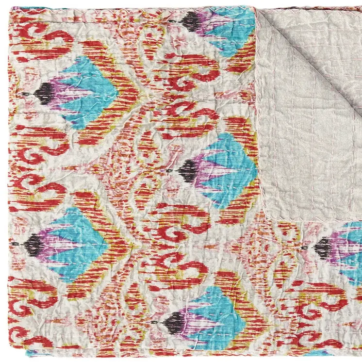 50" X 70" Beige And Pink Ikat Cotton Quilted Kantha Throw Blanket with Embroidery