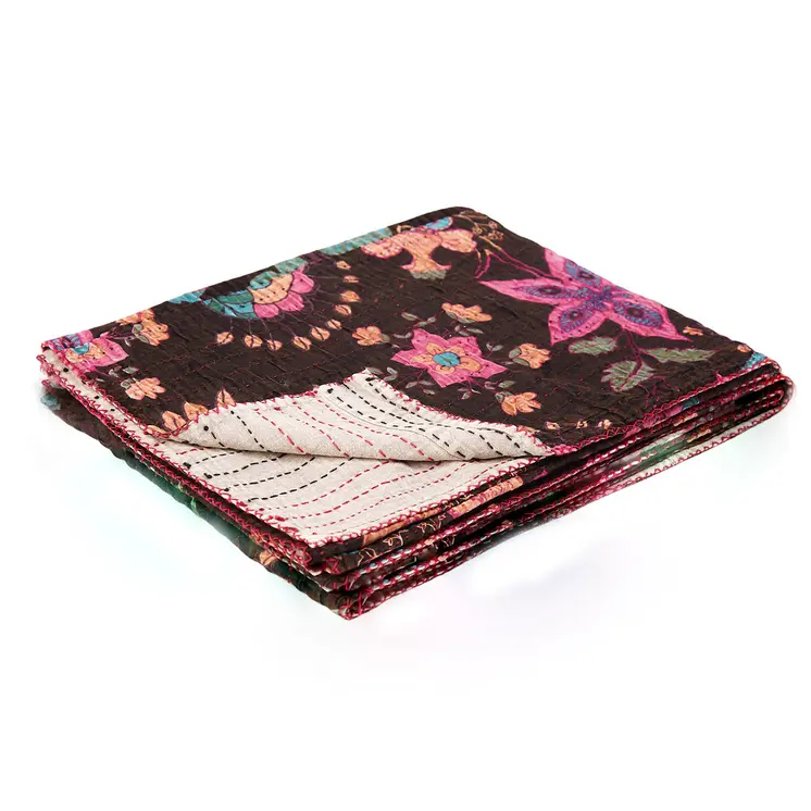 50" X 70" Brown And Beige Floral Cotton Quilted Kantha Throw Blanket with Embroidery