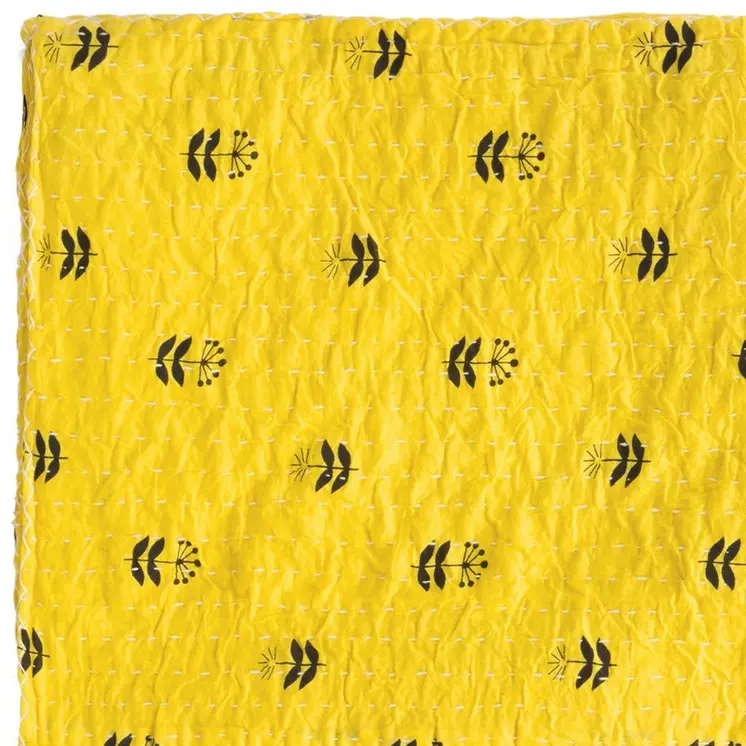 50" X 70" Yellow And Black Floral Cotton Quilted Kantha Throw Blanket with Embroidery