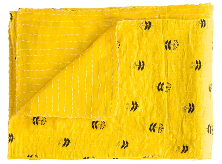 50" X 70" Yellow And Black Floral Cotton Quilted Kantha Throw Blanket with Embroidery