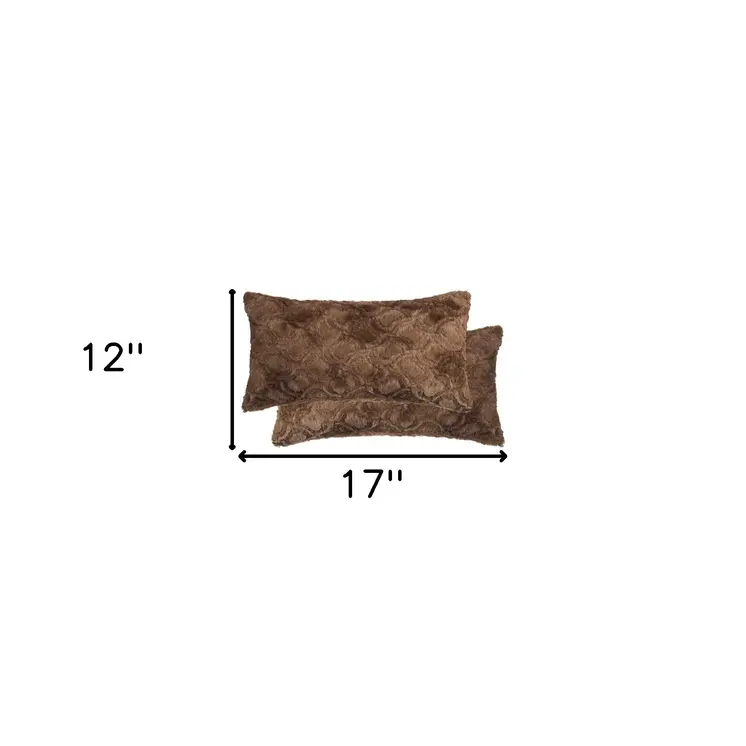Set of Two 12" X 20" Brown Faux Fur Lumbar Throw Pillows