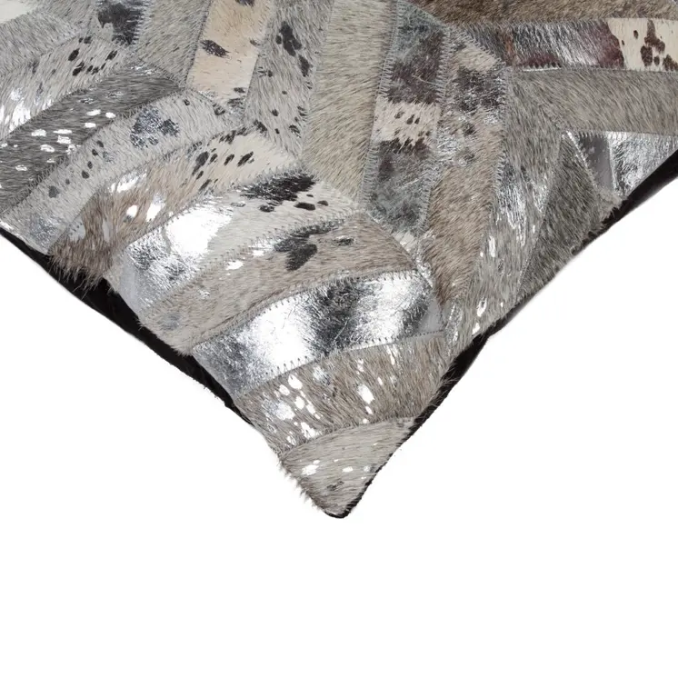 12" X 20" Gray and Silver Chevron Cowhide Lumbar Throw Pillow with Glitter