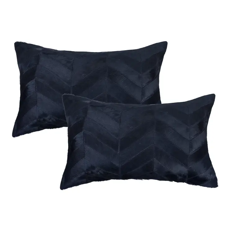 Set of Two 12" X 20" Black Lumbar Chevron Cowhide Throw Pillows