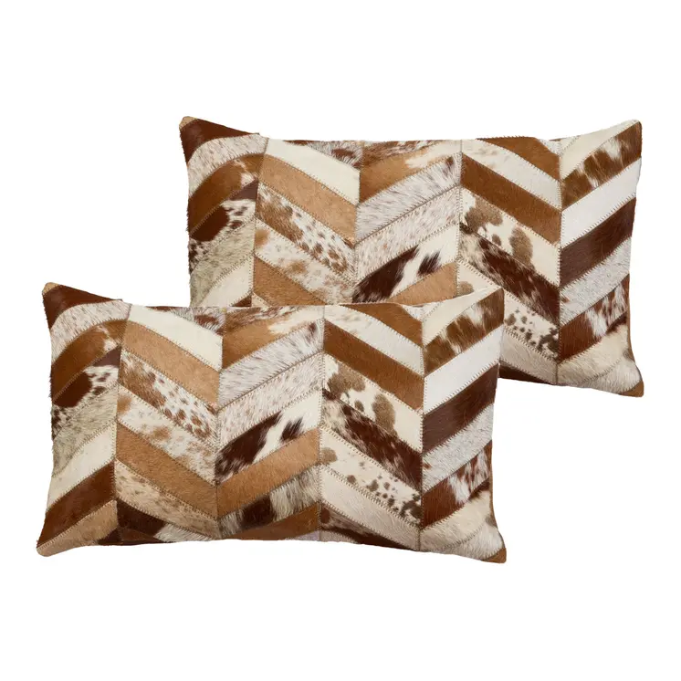 Set of Two 12" X 20" Brown and Natural Chevron Cowhide Lumbar Throw Pillows