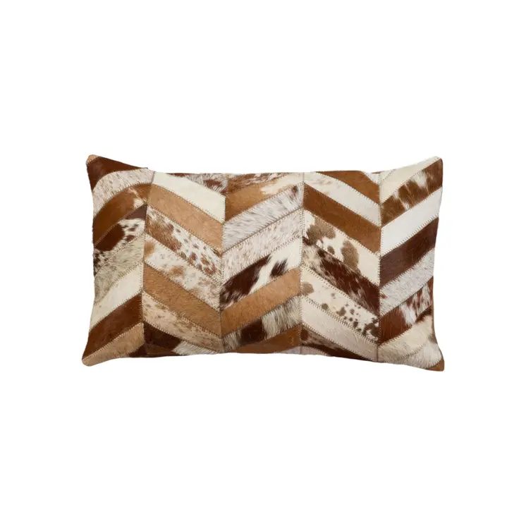 Set of Two 12" X 20" Brown and Natural Chevron Cowhide Lumbar Throw Pillows