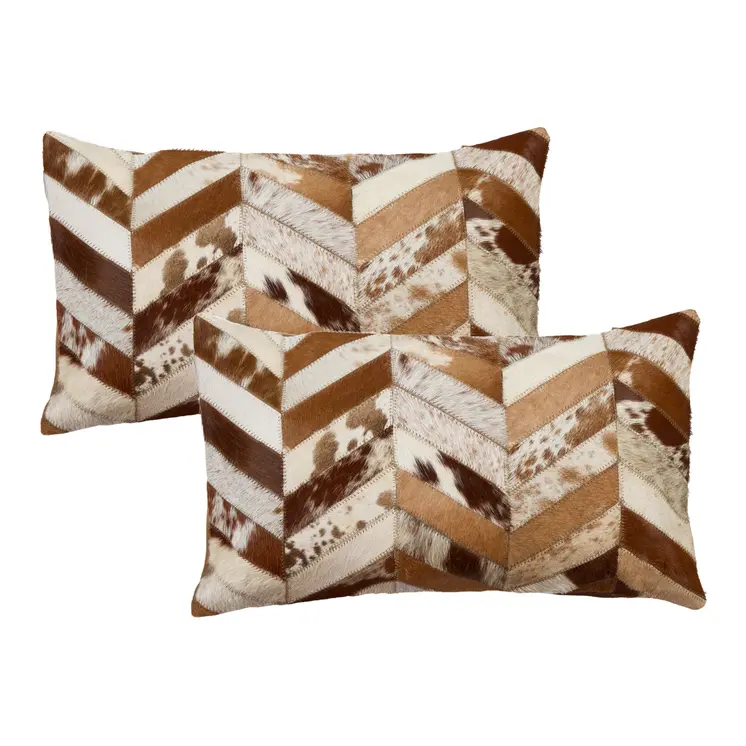 Set of Two 12" X 20" Brown and Natural Chevron Cowhide Lumbar Throw Pillows