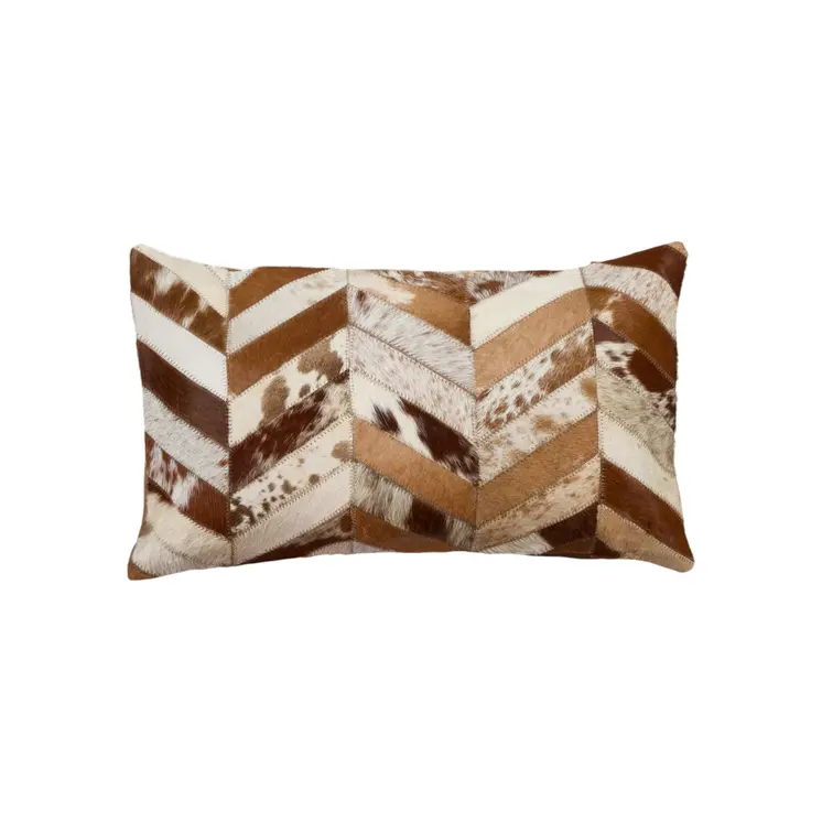 Set of Two 12" X 20" Brown and Natural Chevron Cowhide Lumbar Throw Pillows