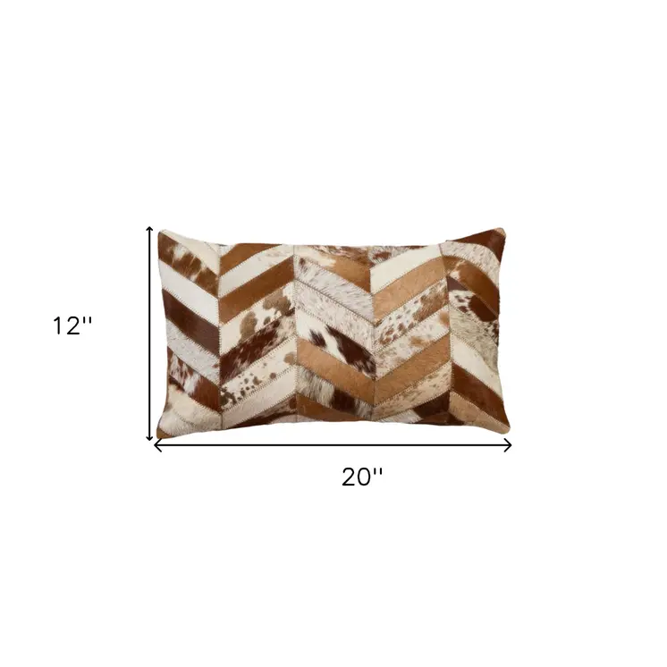 Set of Two 12" X 20" Brown and Natural Chevron Cowhide Lumbar Throw Pillows