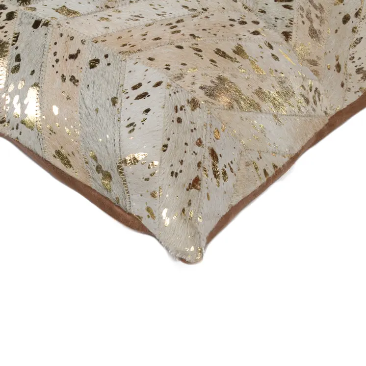Set of Two 18" Natural and Gold Chevron Cowhide Throw Pillows with Glitter
