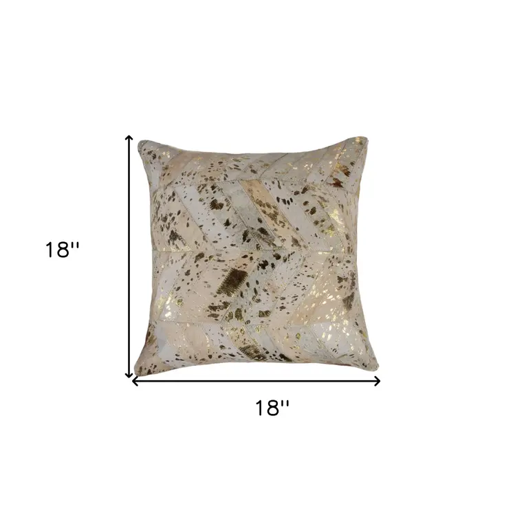 Set of Two 18" Natural and Gold Chevron Cowhide Throw Pillows with Glitter