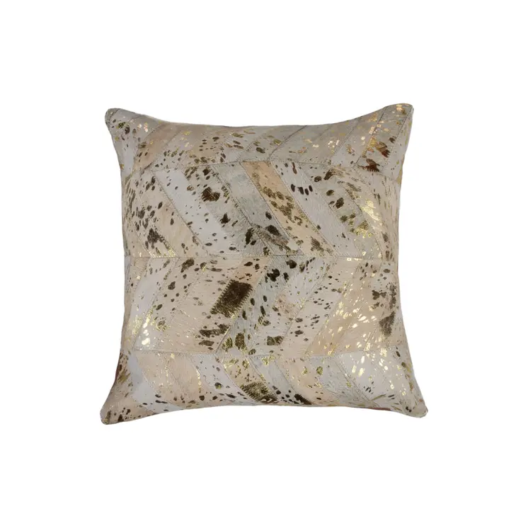 Set of Two 18" Natural and Gold Chevron Cowhide Throw Pillows with Glitter