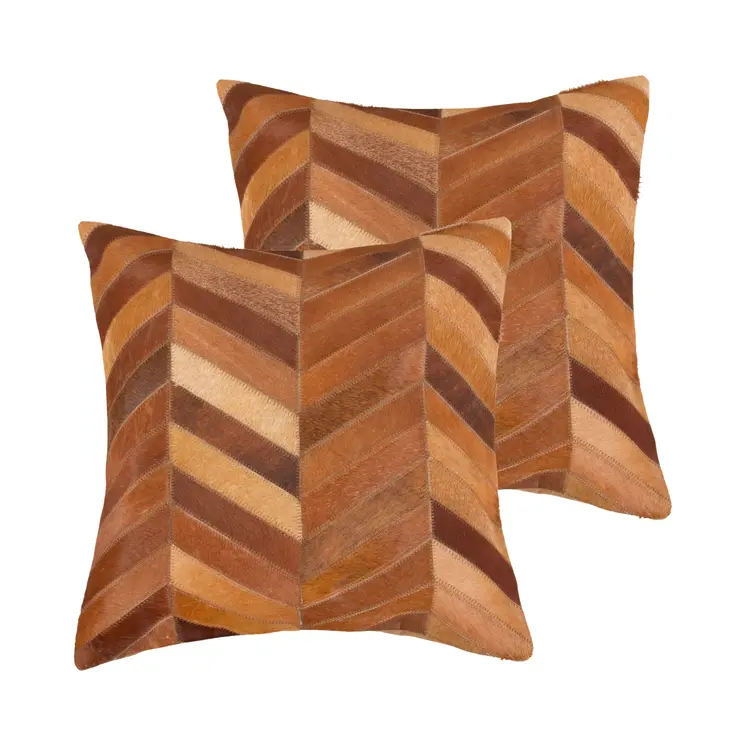 Set of Two 18" Tan Chevron Cowhide Throw Pillows