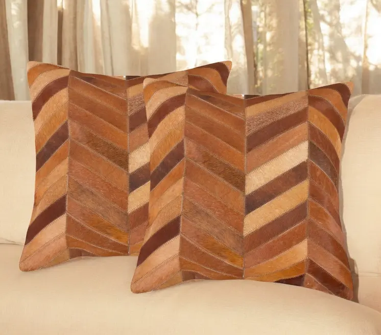 Set of Two 18" Tan Chevron Cowhide Throw Pillows