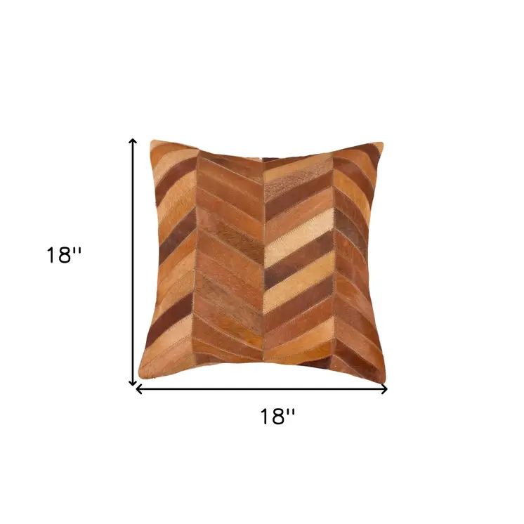 Set of Two 18" Tan Chevron Cowhide Throw Pillows